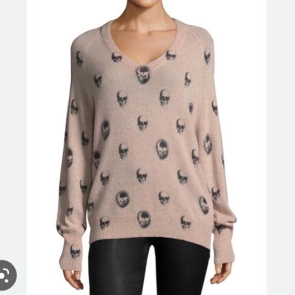 360 CASHMERE Skull Print Vneck Cashmere Sweater Size XS Blush Pink - Picture 1 of 12
